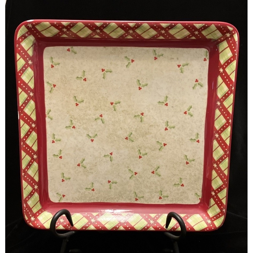 Debbie Mumm JoAnn 2008 Holly Berries Square Porcelain Serving Platter Plaid Chip